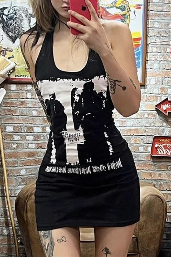 Y2K Graphic Print Sleeveless Slim Mini Dress
