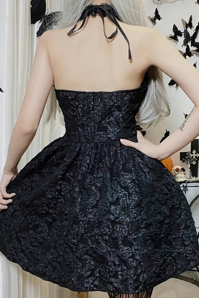 Black Gothic Jacquard Ruched Bandage A-line Mini Dress