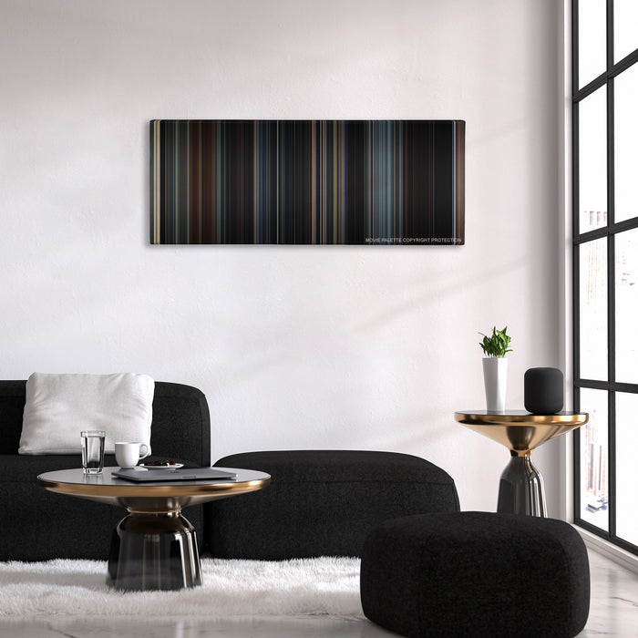 Godzilla color palette canvas above a black sofa with a gold-topped table