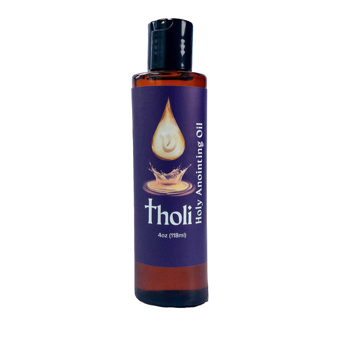 Essential oil bottle labeled 'Holy Anointing Tholi Oil'