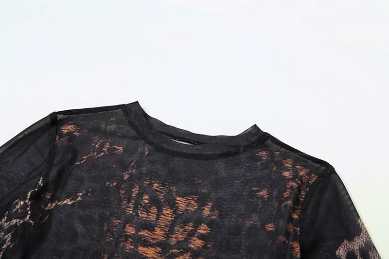Crewneck long sleeve leopard print mesh mini dress | Festival Outfits Women | Leopard Print Mini Dress