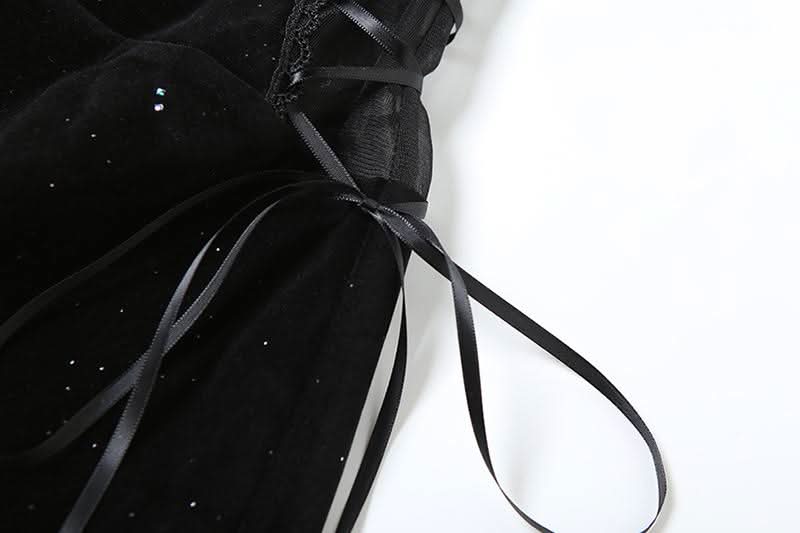 Sweetheart neck velvet lace up mesh beaded mini dress | Festival Outfits Women