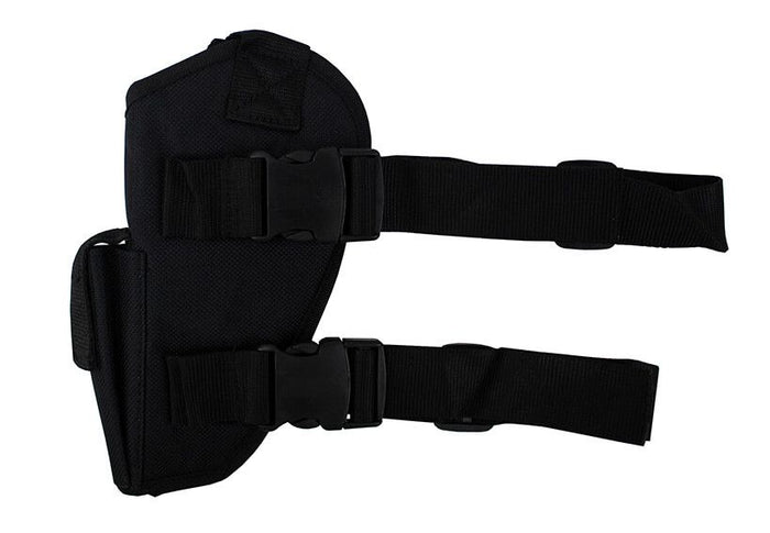 Sort lårhylster til pistol med benspænde, set bagfra.