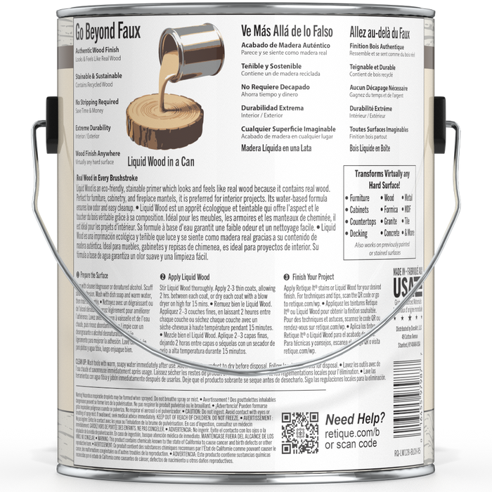 Liquid Wood bleached interior paint by Retique It in a 128oz container, showing a close-up of the product label and paint finish.