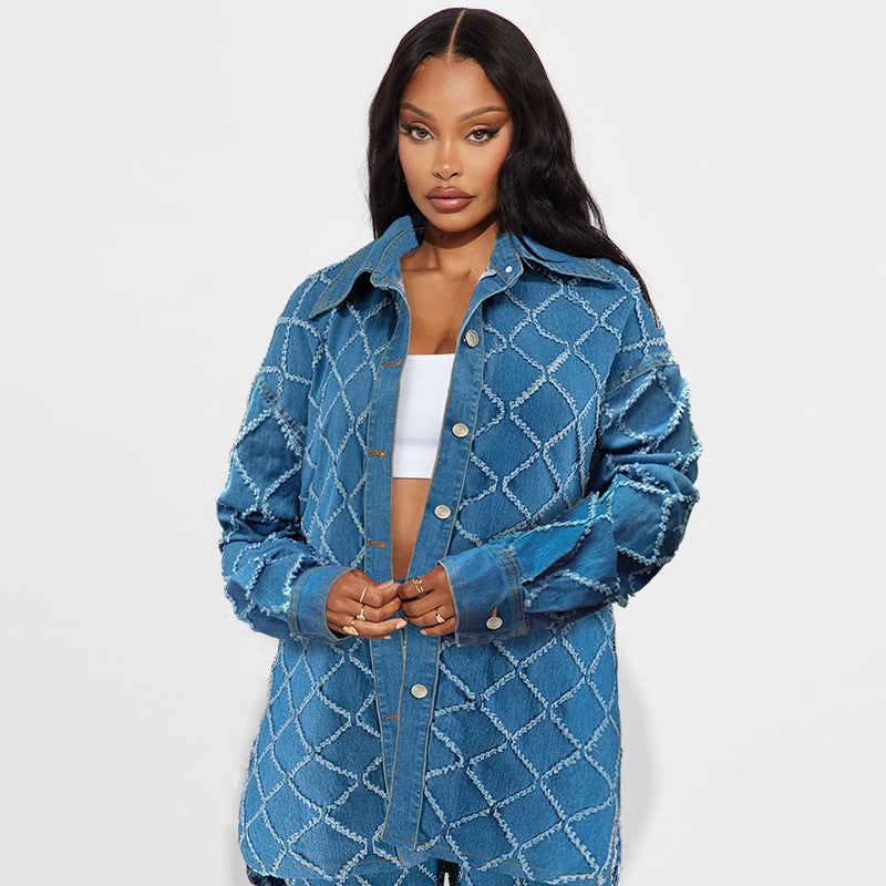 Women Fashion Casual Plaid Tassel Lapel Long Sleeve Top Loose Jeans Denim Two-Piece Set