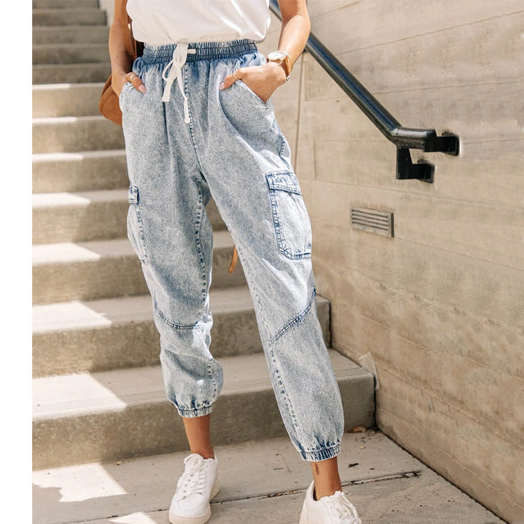 Women'S Fashion Casual Pocket Lace-Up Denim Jogger Jeans