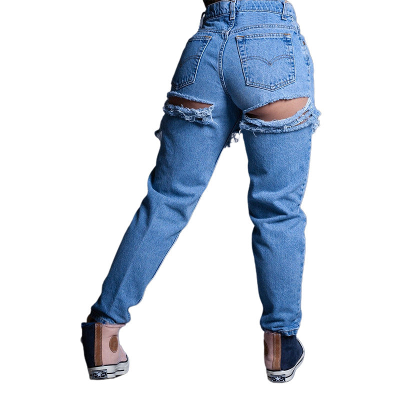 Women Casual Loose High Waist Ripped Jeans