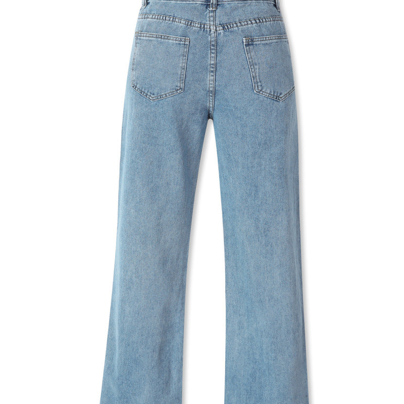 Women Denim Solid Color High Waist Loose Casual Fashion Straight Jeans