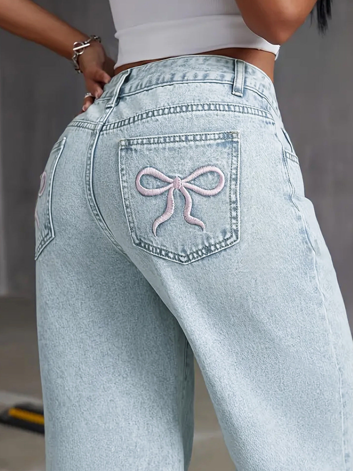 Women Fashion Casual Bowknot Embroidered Pockets Loose Wide Leg Jeans