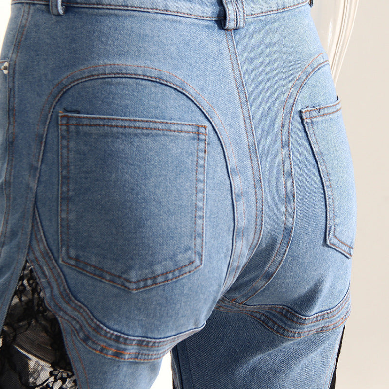 Women Fashion Casual Patchwork Lace High-Waist Straight Jeans