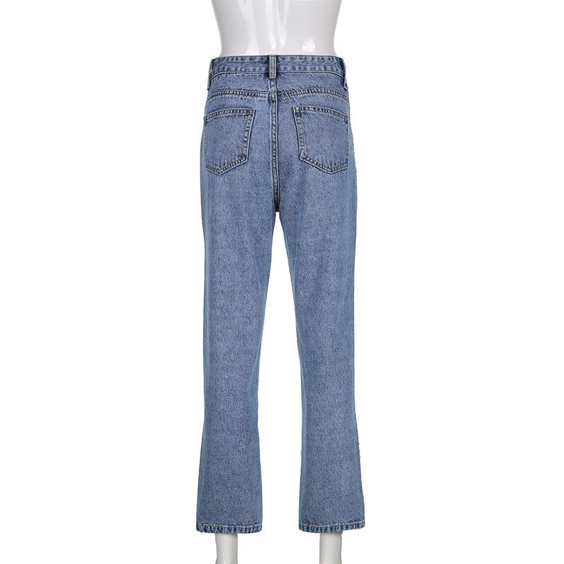 Women Fashion Casual Face Embroidered Straight Jeans