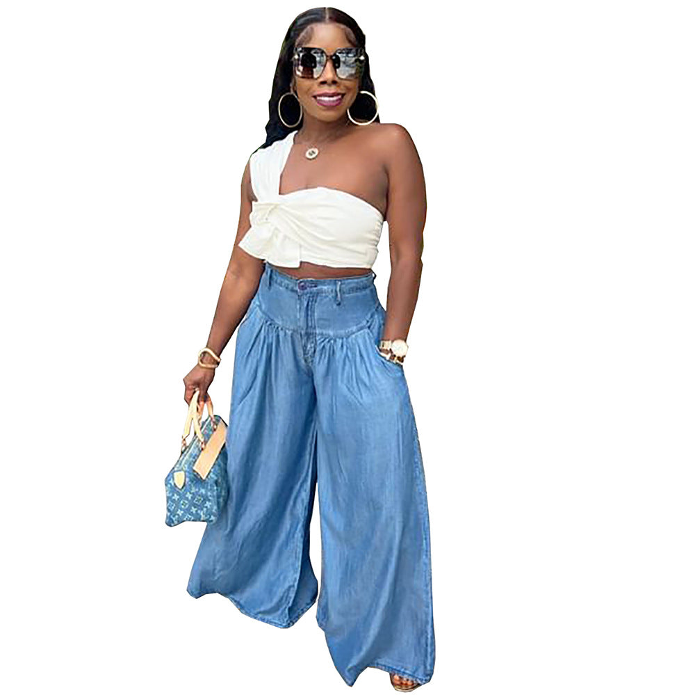 Women Fashion Casual Straight Leg Wide-Leg Jeans