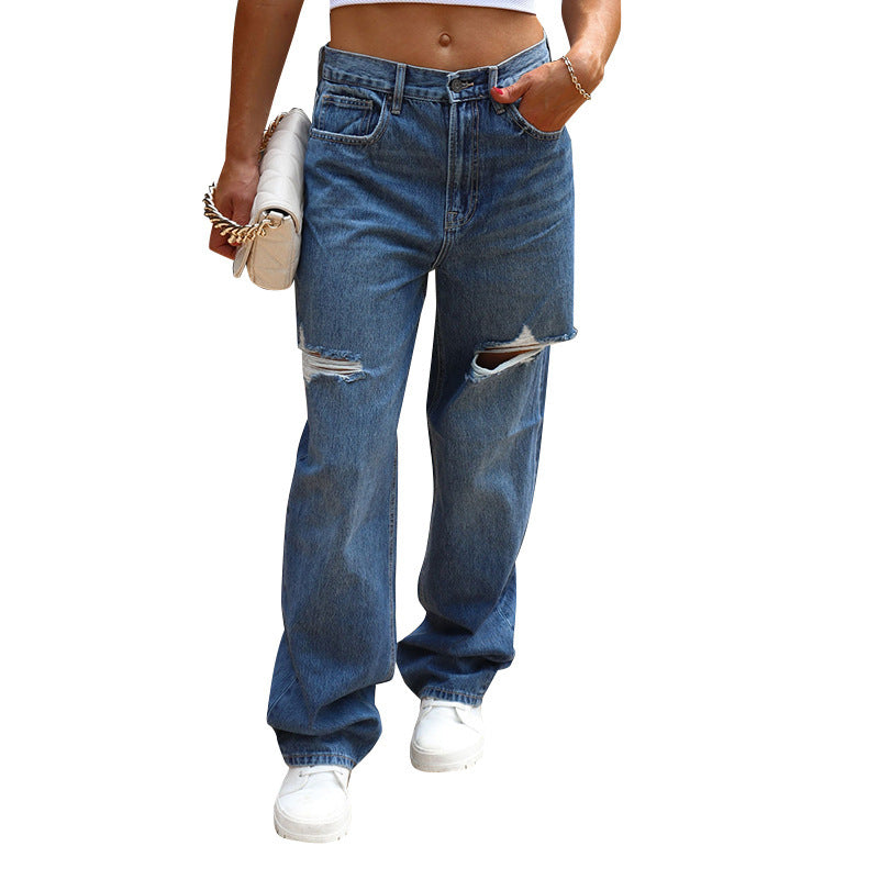 Women'S Casual Loose Ripped Straight Jeans