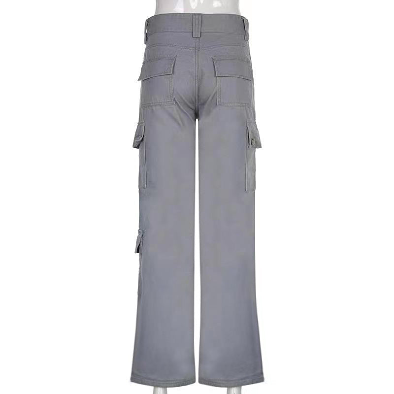 Women Denim Solid Color High Waist Pocket Loose Casual Fashion Jeans Cargo Pants