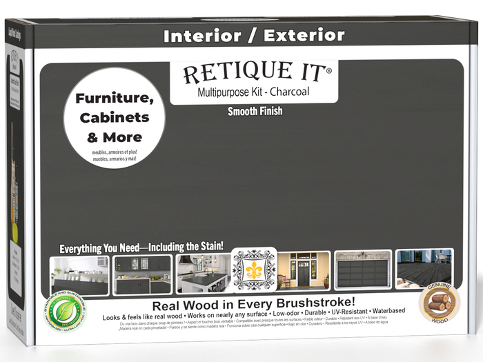 Retique It Multi-purpose Smooth Finish Kit in Charcoal for exterior wood with matte top coat, includes application tools and packaging