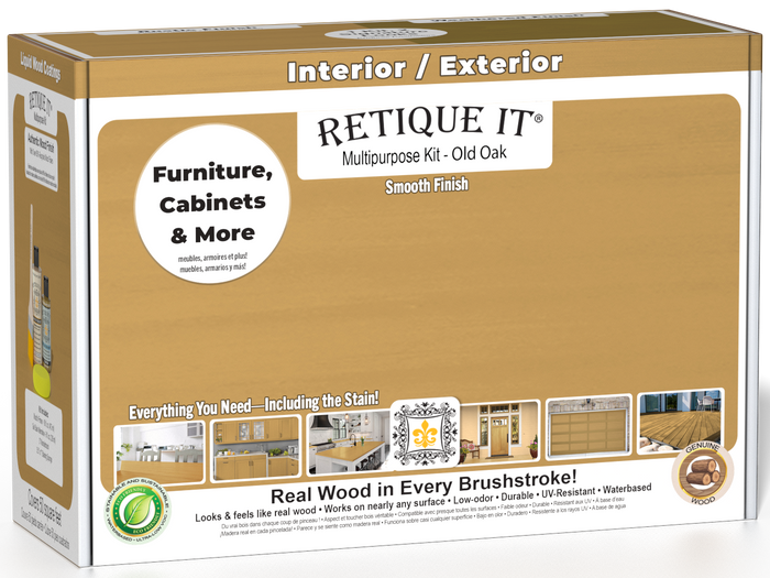 Retique It Multi-purpose Smooth Finish Kit in Old Oak for interior wood top coat, includes brushes and applicators in a box.
