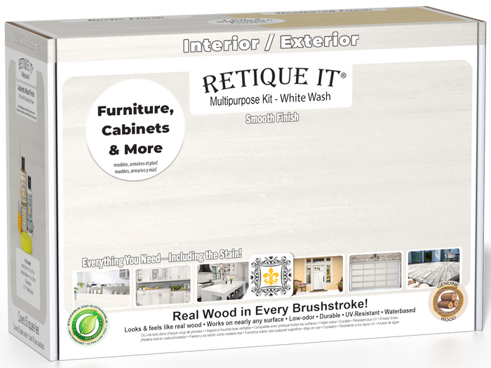 Retique It Wood'n Finish Kits White Wash exterior top coat in a multi-purpose smooth finish kit box, ideal for wood surfaces.