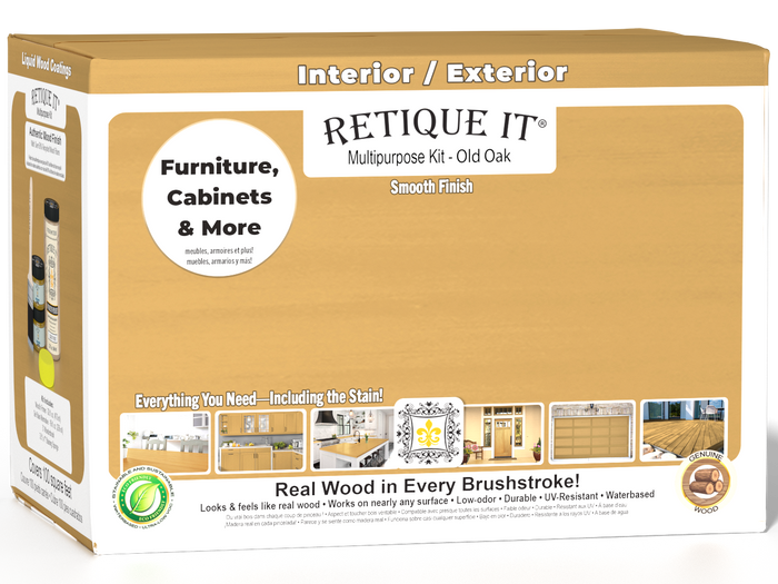 Retique It Multi-purpose Smooth Finish Kit (Large) in Old Oak for exterior top coat with matte finish, wood finishing tools included.