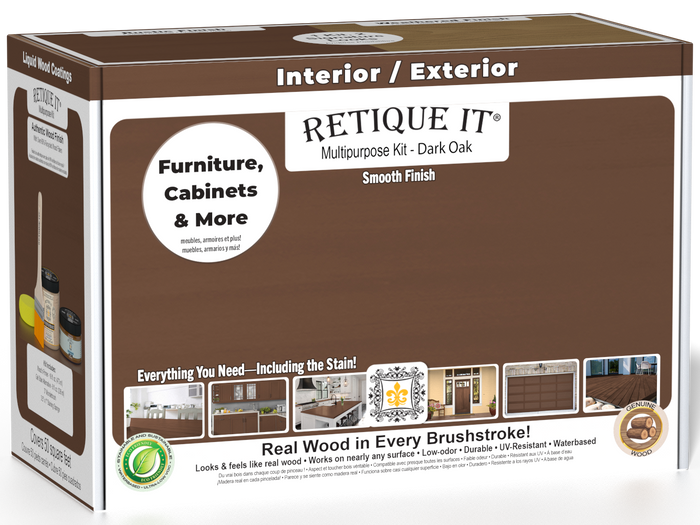 Retique It Multi-purpose Smooth Finish Kit in Dark Oak for interior top coat, featuring a matte wood finish and application tools.