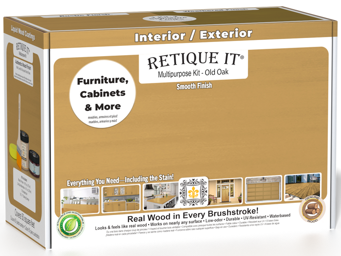 Retique It Multi-purpose Smooth Finish Kit in Old Oak for exterior wood top coating, includes tools and finish components in a box.