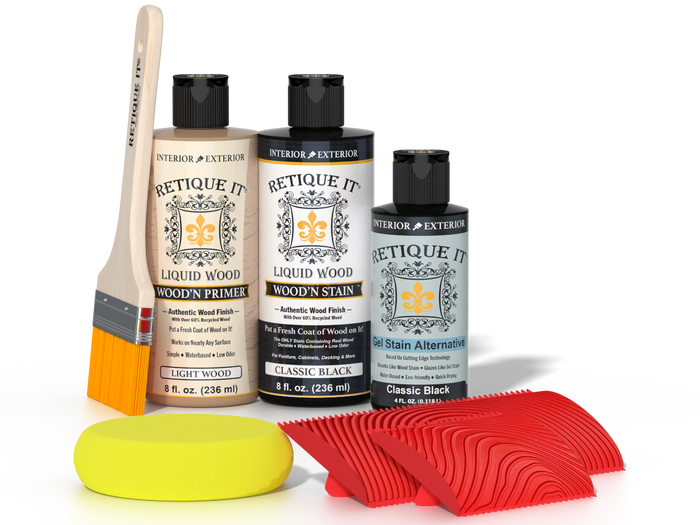 Retique It Wood'n Finish Kit in Classic Black, versatile wood finishing kit with brushes and accessories for furniture projects.