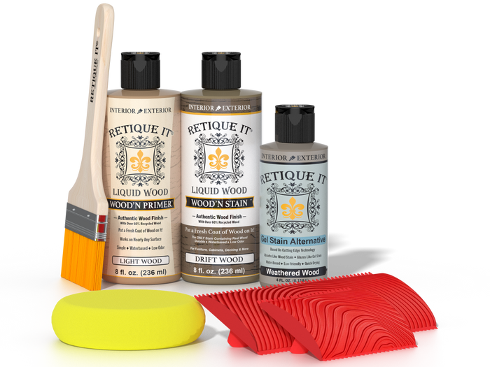 Retique It Wood'n Finish Kit in Drift Wood showing a close-up of the multi-purpose wood finish applied to a surface.