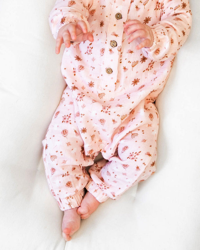 Pink Floral Long Sleeve Baby Jumpsuit (Organic Muslin)