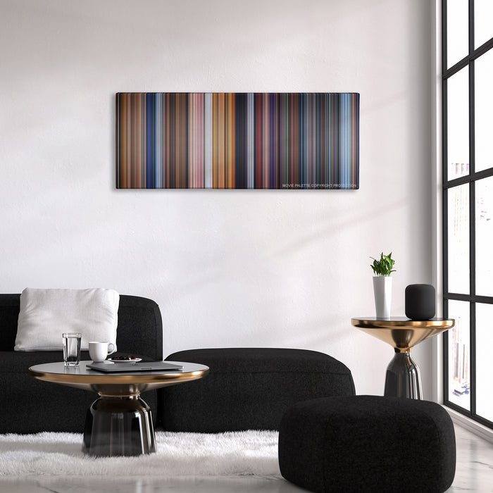 Pinocchio color palette canvas above a black sofa with a gold-topped table