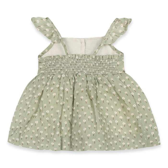Sage Floral Ruffle Baby Dress + Bloomer Set (Organic Muslin)