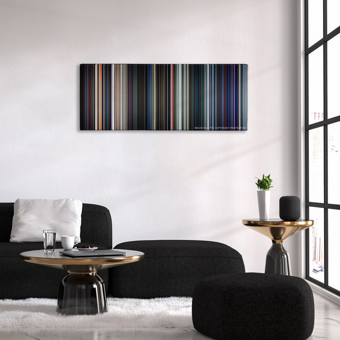 Star Wars: Episode VII - The Force Awakens color palette canvas above a black sofa with a gold-topped table