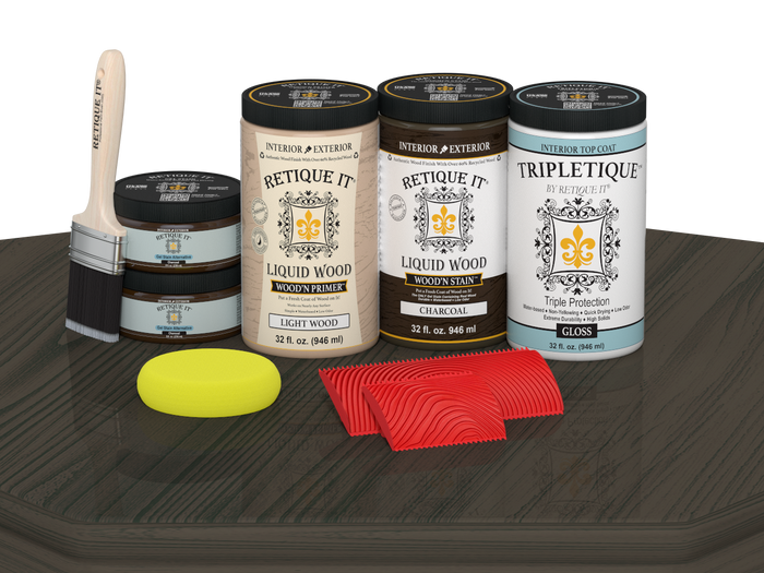 Retique It Wood'n Finish Kit with four large charcoal stains, glossy tabletop finish for wood projects.