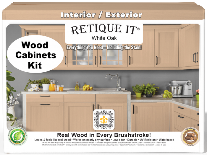 Retique It Wood'n Cabinet Kit in white oak with 24 smooth doors, stained for a sleek, modern kitchen cabinet look.