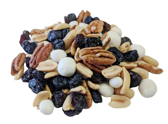 Yogi Nut Trail Mix includes: flame raisins, dry roasted no salt peanut halves, yogurt raisins, yogurt peanuts, and raw pecan halves
