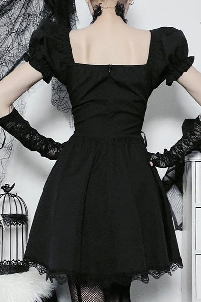 Black V Neck Lace Up High Waist Corset Mini Dress
