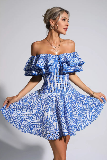 Amora Blue Cutout Ruffle Mini Dress