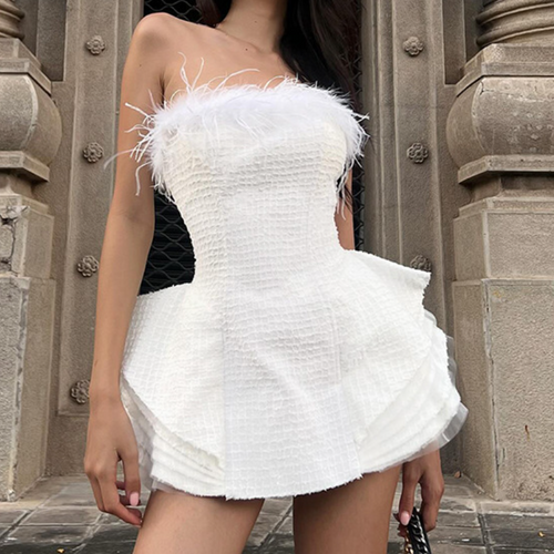 Feather ruffle tube mini dress  | Festival Outfits Women