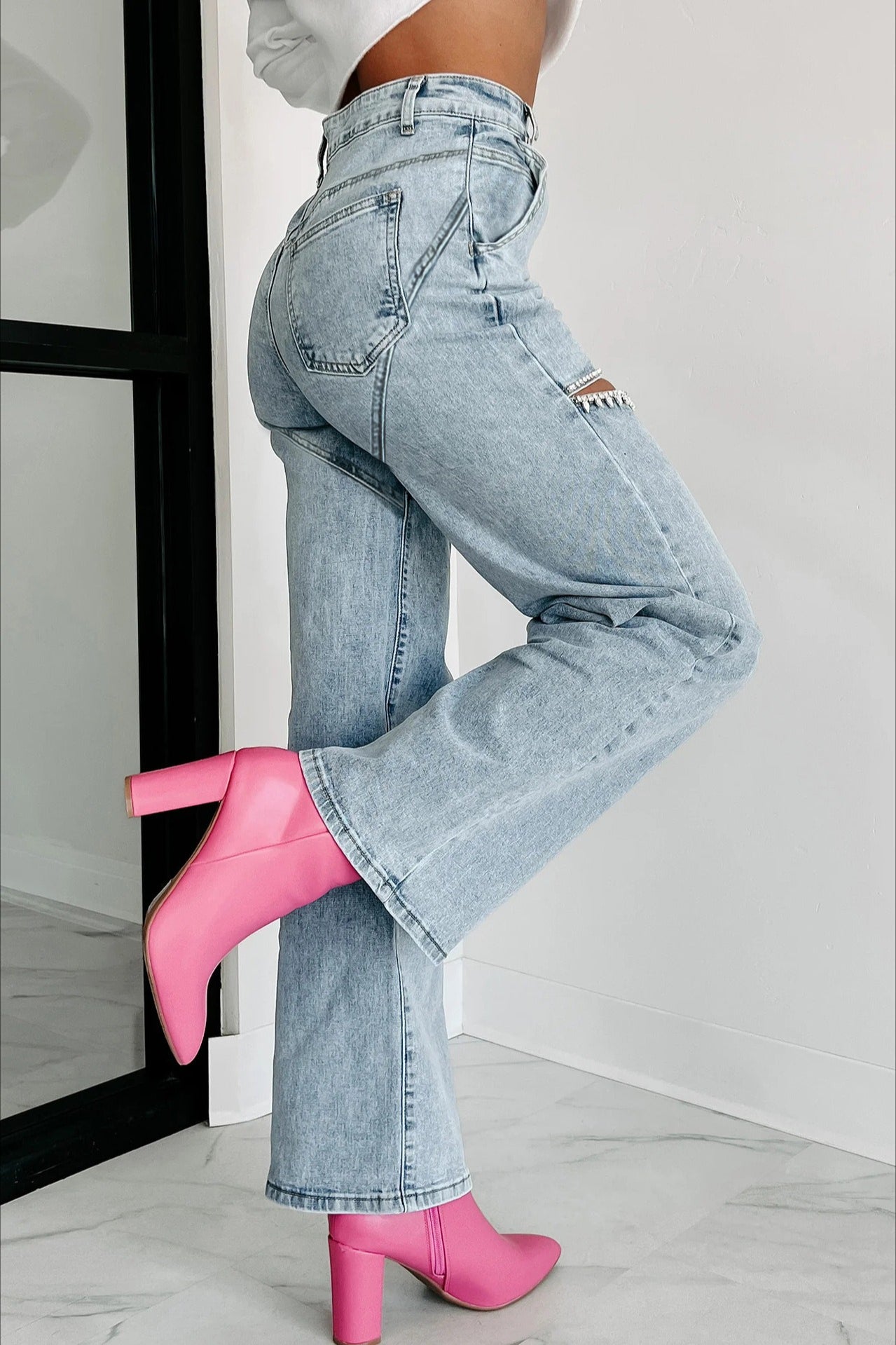 High-Waisted Washed Ripped Chain Straight Leg Jeans