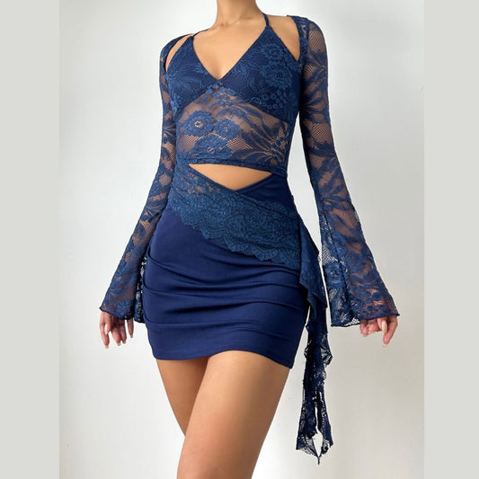 Long sleeve lace halter self tie ruched mini dress  | Festival Outfits Women