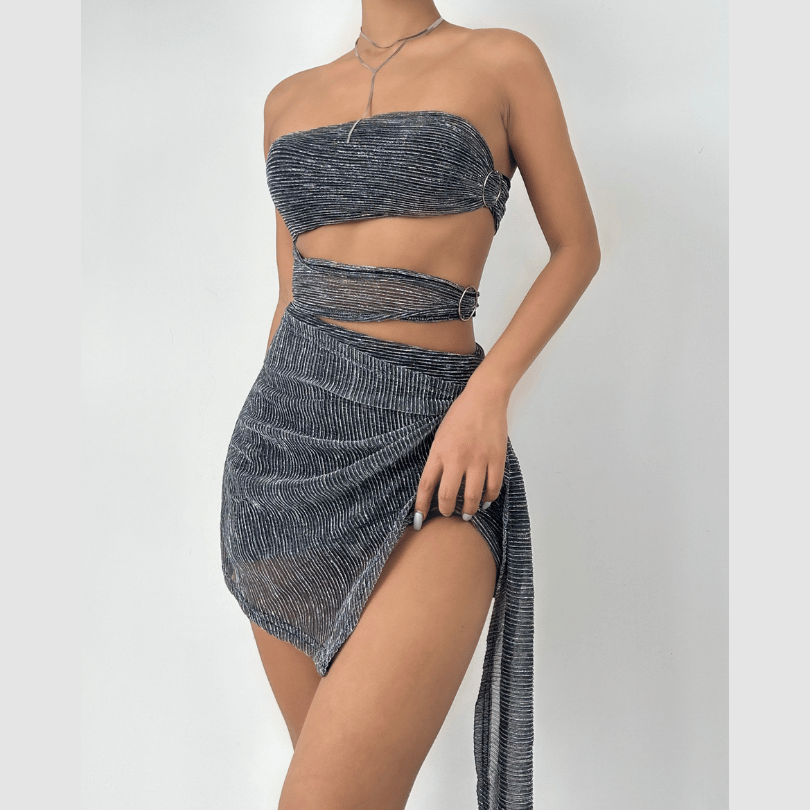 O ring hollow out irregular ruffle ribbed ruched tube cut out mini dress  | Festival Outfits Women