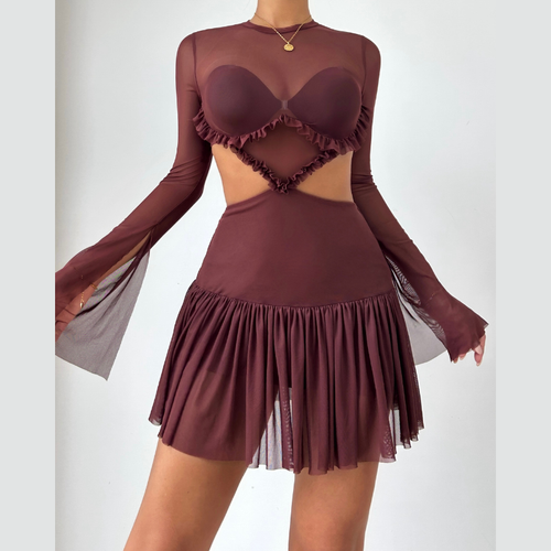 Crewneck long sleeve mesh ruched mini dress  | Festival Outfits Women