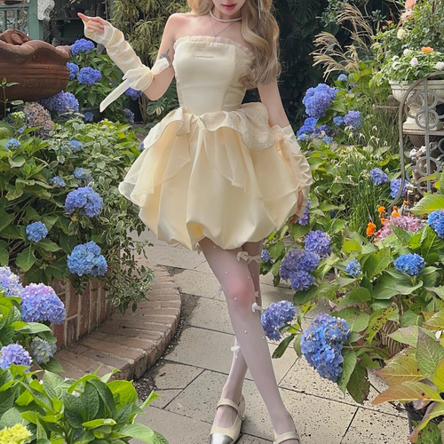 Embroidery ruffle gloves bowknot lace up tube mini dress  | Festival Outfits Women