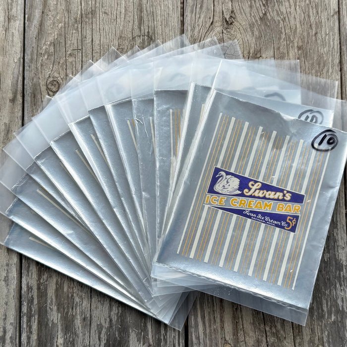 130 WHOLESALE 1950s Original SWAN'S ICE CREAM BAR Silver Foil Wrappers BULK LOT