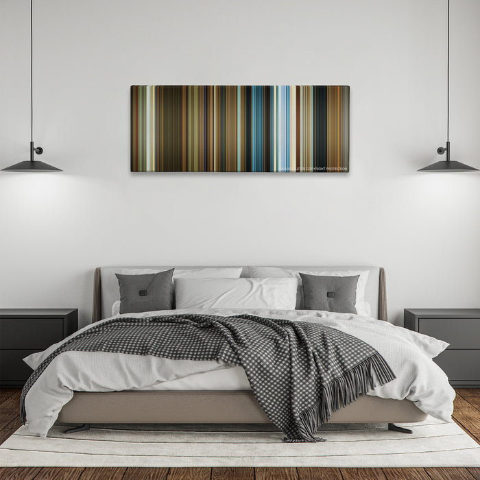 1408 color palette canvas above a bed, between two black pendant lamps