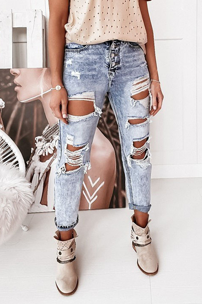Street Solid Ripped Hollowed Out Regular Jeans