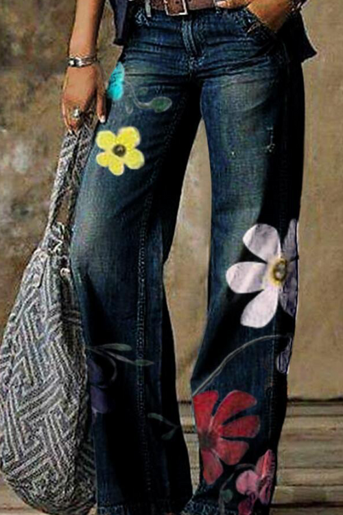 Casual Print Patchwork Mid Waist Boot Cut Denim Jeans(5 Colors)