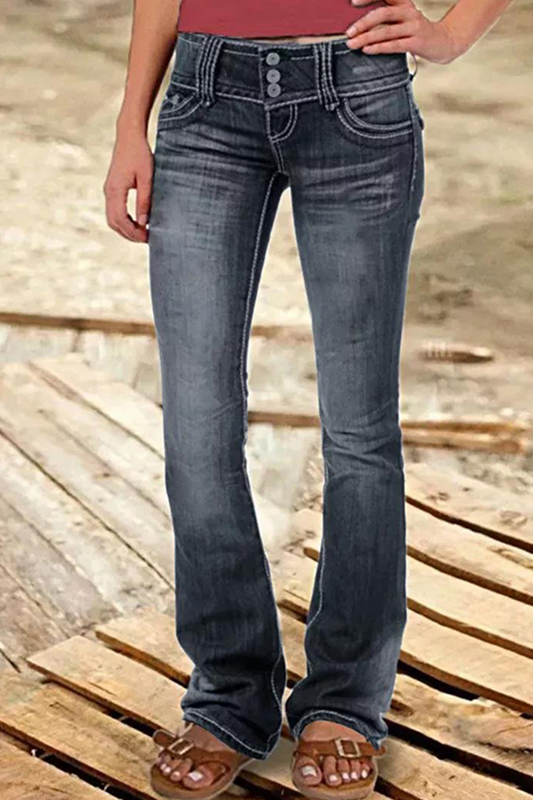 Street Patchwork Ripped High Waist Boot Cut Denim Jeans
