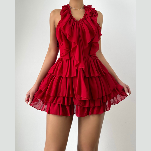 Halter ruffle flower applique mini dress  | Festival Outfits Women