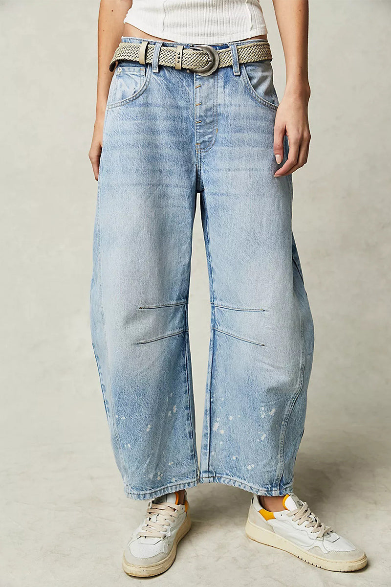 Casual Vintage Solid Pocket Without Belt Mid Waist Loose Denim Jeans(No Belt)