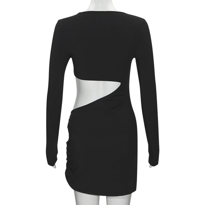 Long sleeve irregular hollow out ribbed cut out mini dress  | Festival Outfits Women