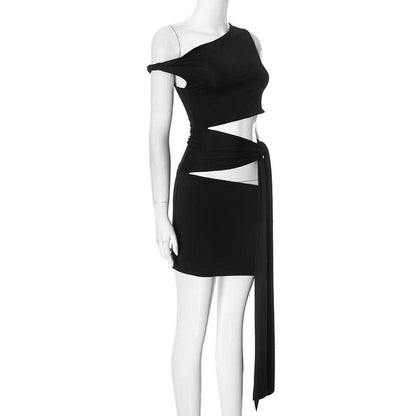Hollow out irregular one shoulder solid cut out mini dress  | Festival Outfits Women